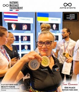 Leontina Florea médaillée au Nations Massage Tournament Paris 2025 – Facial Beauty et Team Roumanie